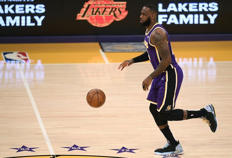LeBron James of the Los Angeles Lakers dribbles against the New Orleans Pelicans during a Lakers win at Staples Center.