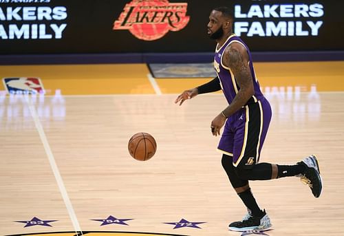 LeBron James of the Los Angeles Lakers dribbles against the New Orleans Pelicans during a Lakers win at Staples Center.