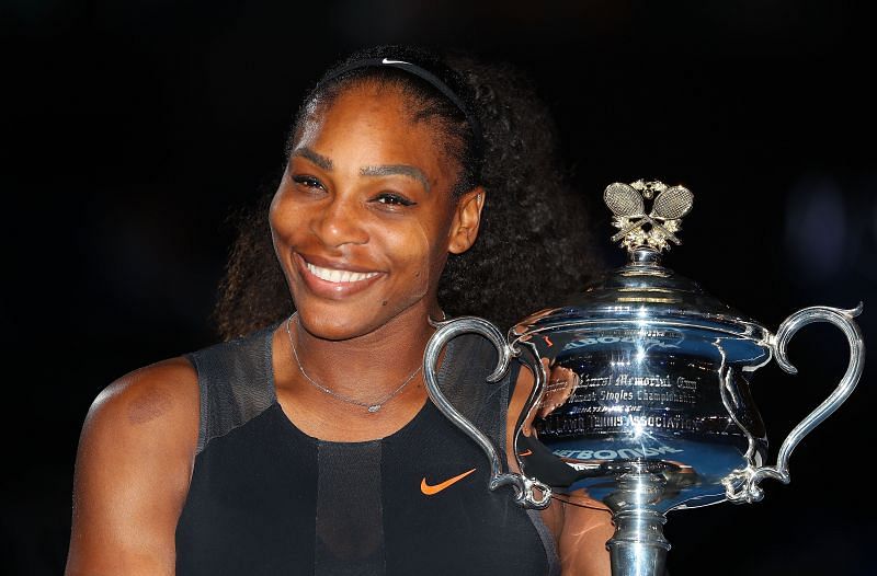 Serena Williams poses with the Daphne Akhurst Trophy after winning the 2017 Australian Open at Melbourne Park