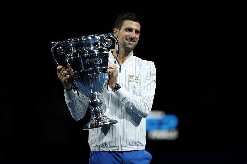 Novak Djokovic with the 2020 year-end World No. 1 trophy