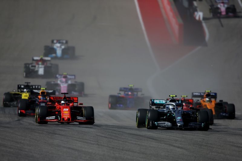 Valtteri Bottas driving the (77) Mercedes AMG Petronas F1 Team Mercedes W10 leads the field into turn one at the start during the F1 Grand Prix of USA at Circuit of The Americas.