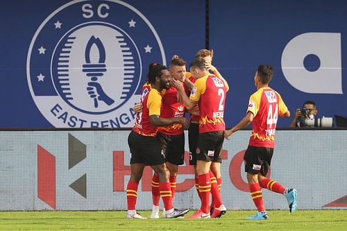 SC East Bengal players celebrate after Anthony Pilkington scored the first goal for them against Odisha FC (Image Courtesy: ISL Media)