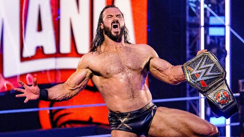 Drew McIntyre celebrating after defeating Brock Lesnar for the WWE Championship at Wrestlemania 36