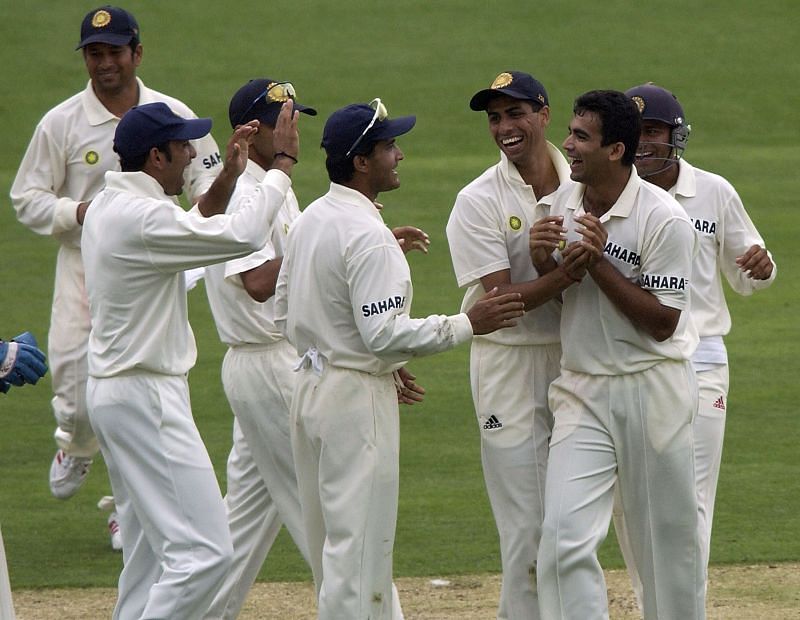 Zaheer Khan celebrates with teammates at the Gabba in 2003