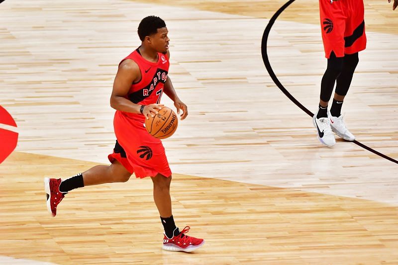 Kyle Lowry #7 of the Toronto Raptors dribbles up court during the second half against the New York Knicks.