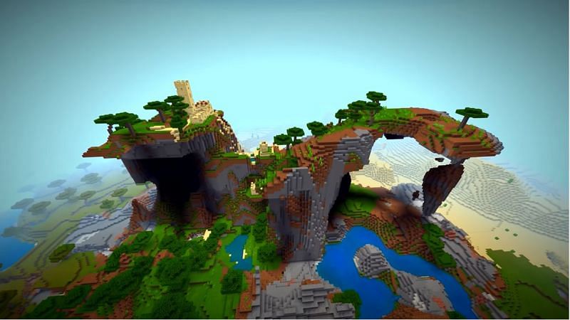 A massive shattered savanna biome with a bizarre rock formation and a village. (Image via Minecraft &amp; Chill/YouTube)