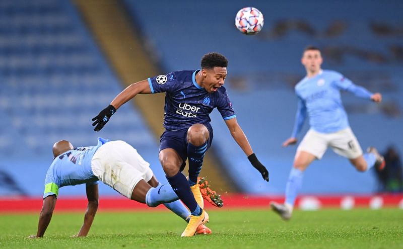 Marley Ake in action against Manchester City in the Champions League