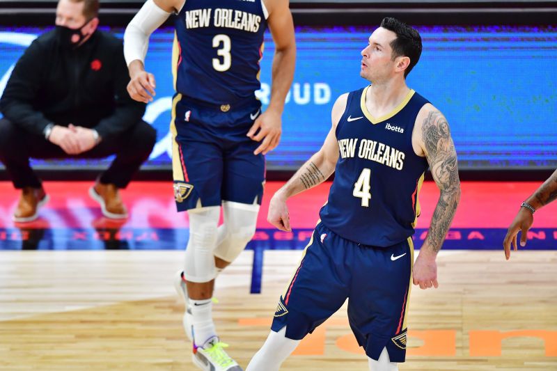 JJ Redick #4 of the New Orleans Pelicans watches a three-point basket go in against the Toronto Raptors at Amalie Arena on December 23, 2020 (Photo by Julio Aguilar/Getty Images)