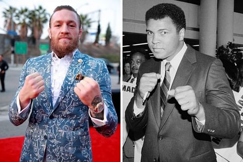 Conor McGregor (left) imitates Muhammad Ali (right) in a boxing stand