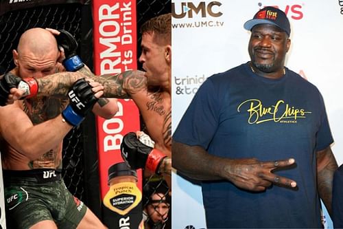 Conor McGregor vs Dustin Poirier (L); Shaquille O'Neal (R)