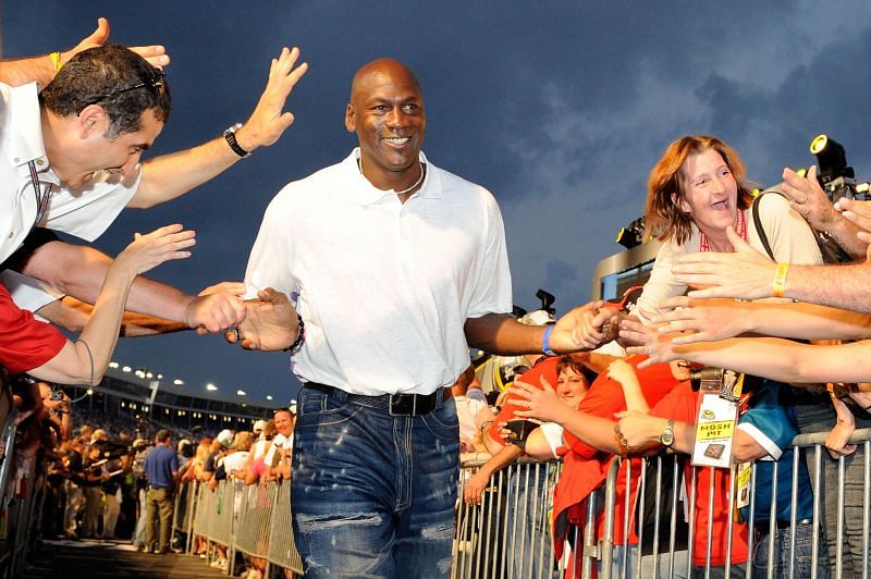 Michael Jordon high-fives the crowd during pre-race ceremonies prior to the start of the NASCAR All-Star Race. (Photo by John Harrelson/Getty Images)