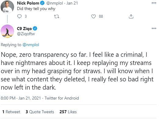 Ziqo&#039;s Tweet mentioning the lack of details regarding the ban