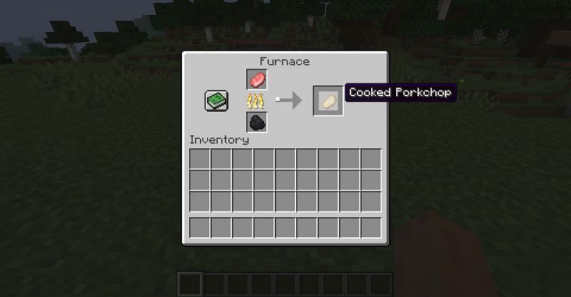 Cooking a porkchop in Minecraft with a furnace and coal. (Image via Minecraft)