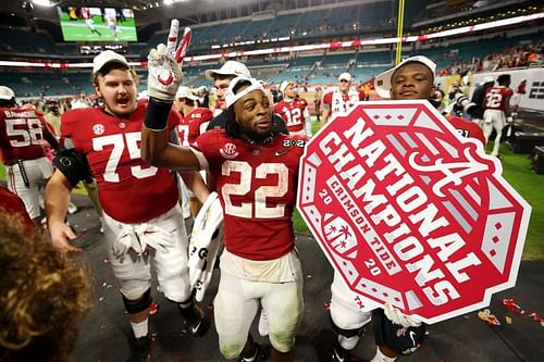 Najee Harris celebrates after Alabama's CFP Championship victory