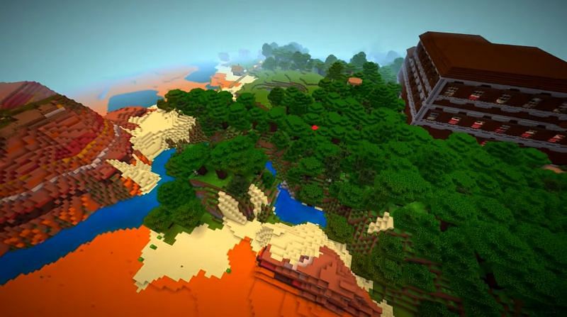 A Minecraft seed that features a woodland mansion with a village and multiple biomes nearby. (Image via Minecraft &amp; Chill/YouTube)