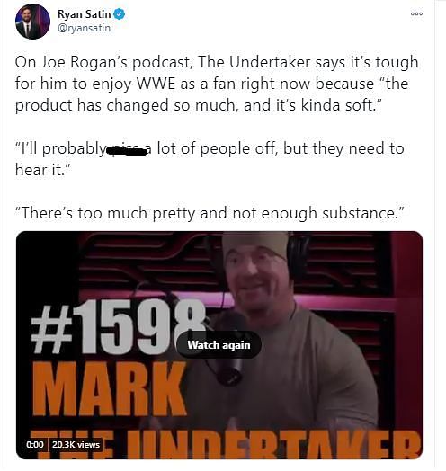 The Undertaker&#039;s views on WWE&#039;s current product