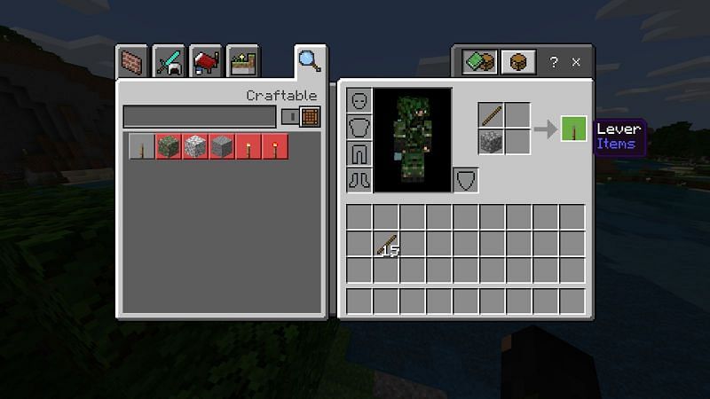 To make a lever simply gather a piece of cobblestone and one stick and place them in your crafting menu