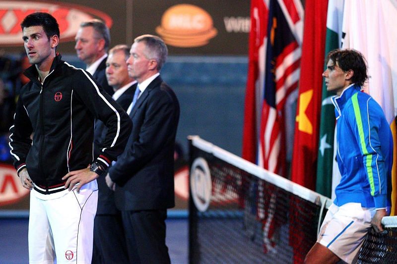 Novak Djokovic (L) and Rafael Nadal at the 2012 Australian Open