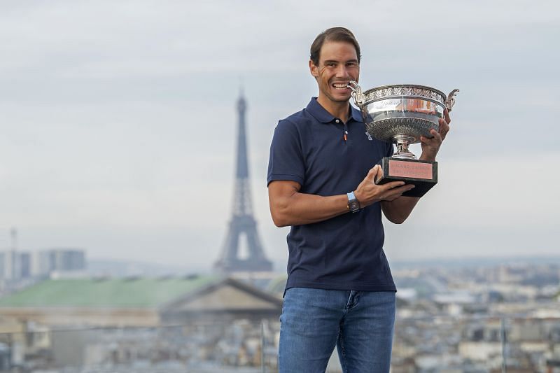 Rafael Nadal with the 2020 French Open trophy, which he won by beating Novak Djokovic in the final