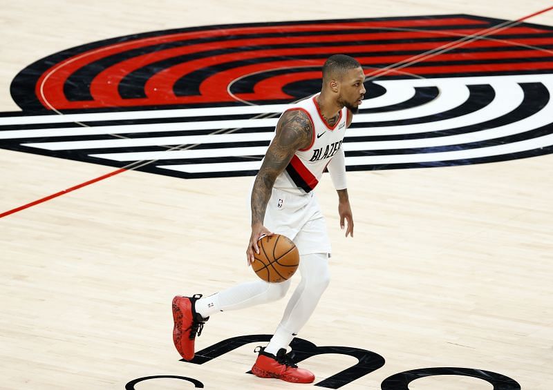 Damian Lillard of the Portland Trail Blazers dribbles against the Minnesota Timberwolves