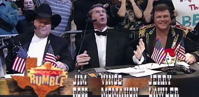 Jerry Lawler, Vince McMahon, and Jim Ross during Royal Rumble 1997.
