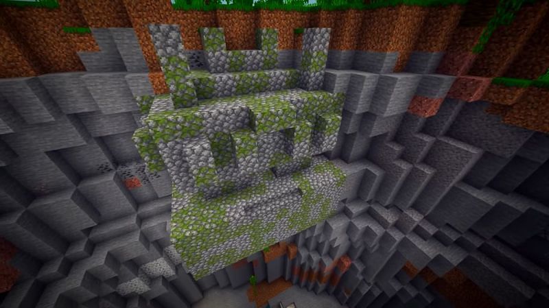 This Minecraft seed features a jungle temple that is balanced precariously on the inner walls of a ravine. (Image via Minecraft &amp; Chill/YouTube)