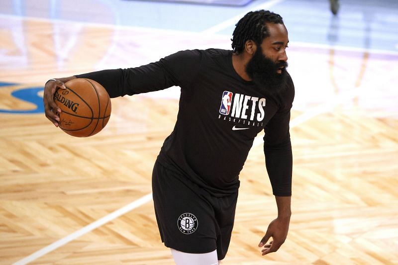 James Harden warms up before the first half against the Orlando Magic at the Barclays Center&nbsp;.