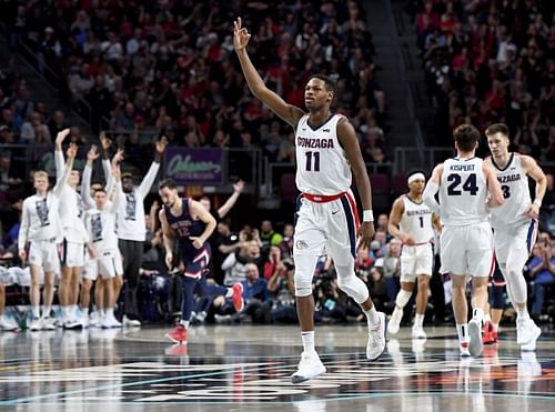  Joel Ayayi #11 of the Gonzaga Bulldogs reacts after hitting a 3-pointer against the Saint Mary's Gaels