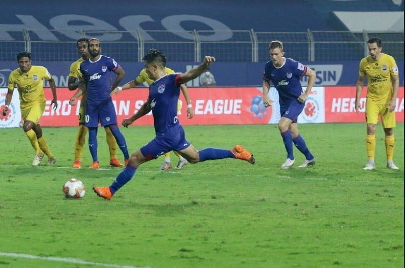 Bengaluru FC skipper Sunil Chhetri scored a penalty against Mumbai City FC. (Courtesy - ISL)