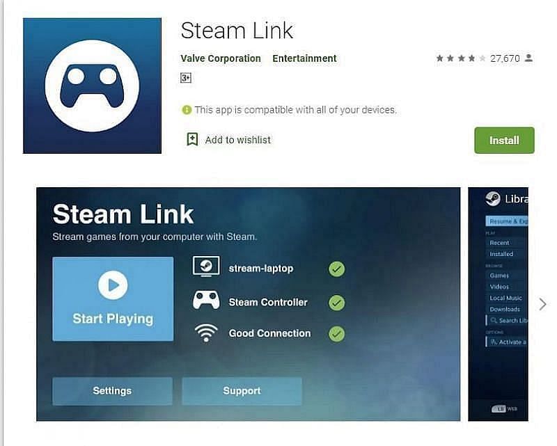 Steam Link application has to be installed on Android devices (Image via Google Play Store)