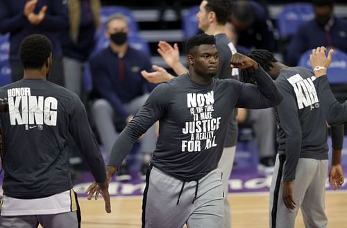 Zion Williamson #1 of the New Orleans Pelicans wears a shirt honoring Dr. Martin Luther King before their game against the Sacramento Kings at Golden 1 Center on January 17, 2021 (Photo by Ezra Shaw/Getty Images)