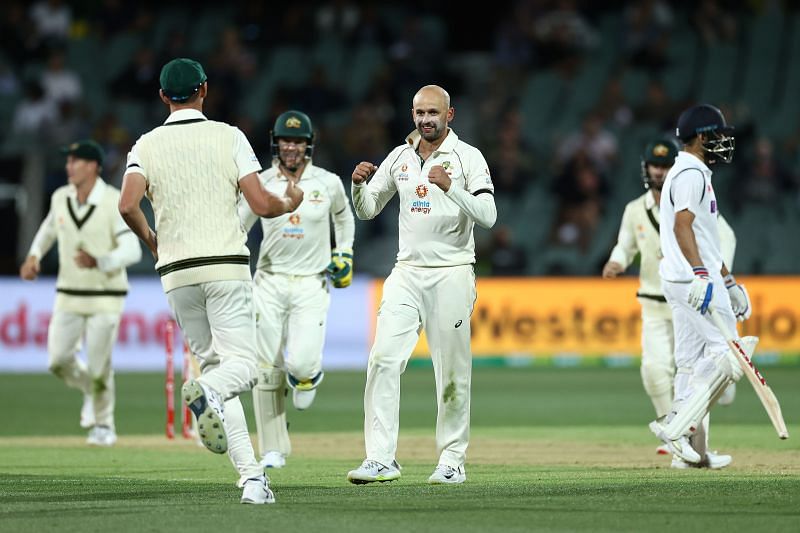 Nathan Lyon celebrates Virat Kohli&#039;s wicket in the first Test at Adelaide.