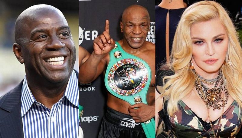 Magic Johnson (left); Mike Tyson (center); Madonna (right)