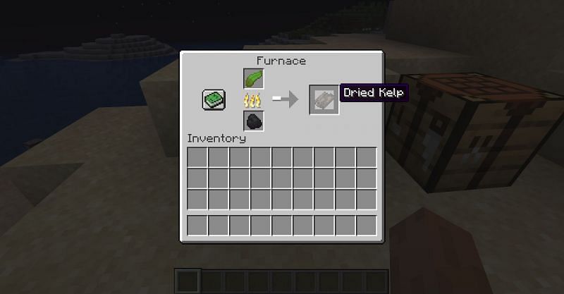 Cooking a piece of kelp into a piece of dried kelp by using a furnace in Minecraft. (Image via Minecraft)