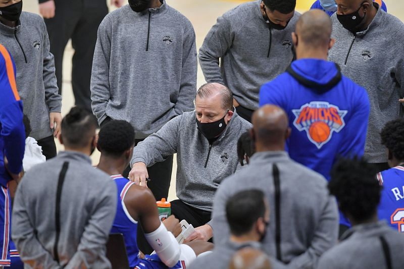 New York Knicks team huddle.