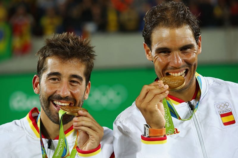 Gold medalists Rafael Nadal and Marc Lopez at the Rio 2016 Olympic Games