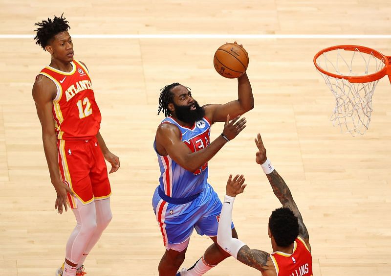 James Harden goes up for a layup against the Atlanta Hawks.