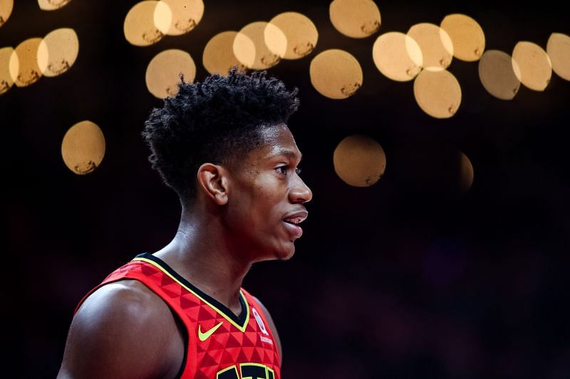 De&#039;Andre Hunter of the Atlanta Hawks looks on during a game against the Orlando Magic at the State Farm Arena.