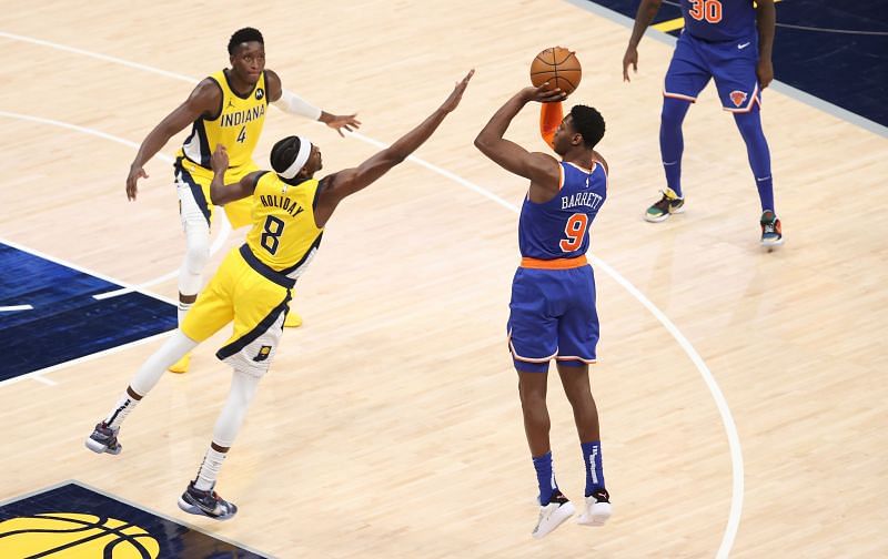 RJ Barrett shoots the ball against the Indiana Pacers 