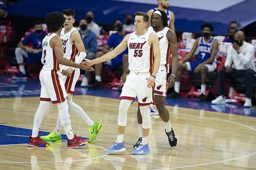 Gabe Vincent #2, Tyler Herro #14, Precious Achiuwa #5, and Duncan Robinson #55 of the Miami Heat on the court against the Philadelphia 76ers at the Wells Fargo Center on January 12, 2021 (Photo by Mitchell Leff/Getty Images)