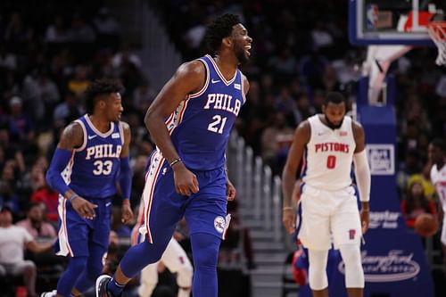 Joel Embiid of the Philadelphia 76ers reacts to a second-half basket while playing the Detroit Pistons at Little Caesars Arena