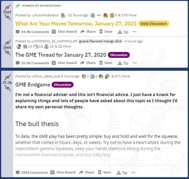 Planning threads on the r/wallstreetbets subreddit