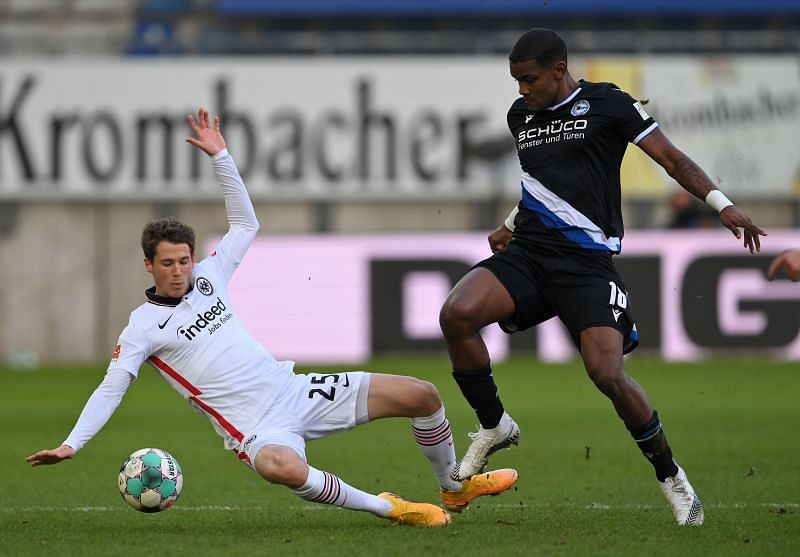 Sergio Cordova (R) scored the only goal for Arminia Bielefeld in their 5-1 loss to Eintracht Frankfurt