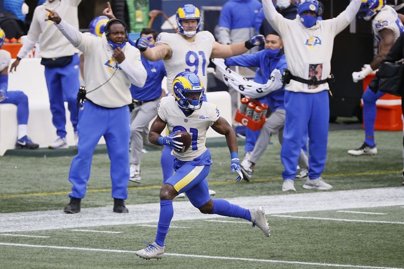 Los Angeles Rams defensive back Darius Williams returns an interception for a touchdown