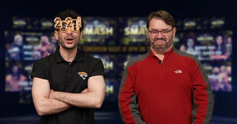 Tony Khan and Tony Schiavone during AEW&#039;s &#039;paid ad&#039; segment on IMPACT Wrestling.