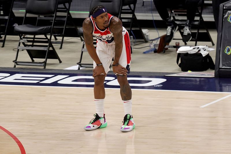 Bradley Beal #3 of the Washington Wizards looks on in the first half during a preseason game against the Detroit Pistons at Capital One Arena on December 19, 2020 in Washington, DC. (Photo by Rob Carr/Getty Images)