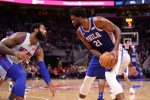 Joel Embiid in action for thePhiladelphia 76ers v Detroit Pistons