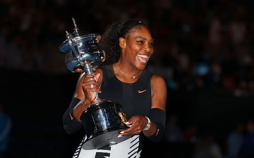 Serena Williams with the 2017 Australian Open trophy