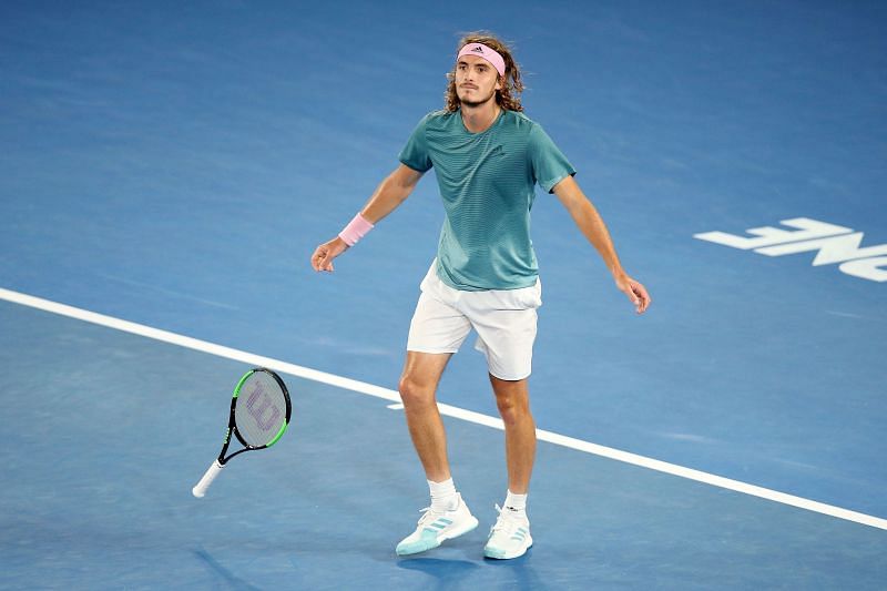 Stefanos Tsitsipas reacts after beating  Roger Federer at the 2019 Australian Open