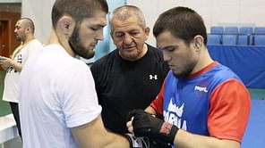 Watch: Khabib Nurmagomedov passes the torch to cousin Umar after his UFC debut win